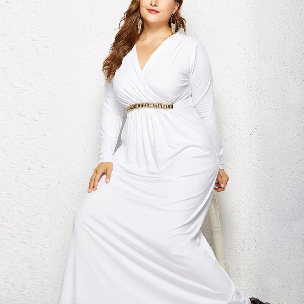Seluxu осеннее женское платье большого размера с длинным рукавом элегантное женское платье с v-образным вырезом сексуальное платье большого размера однотонное белое платье