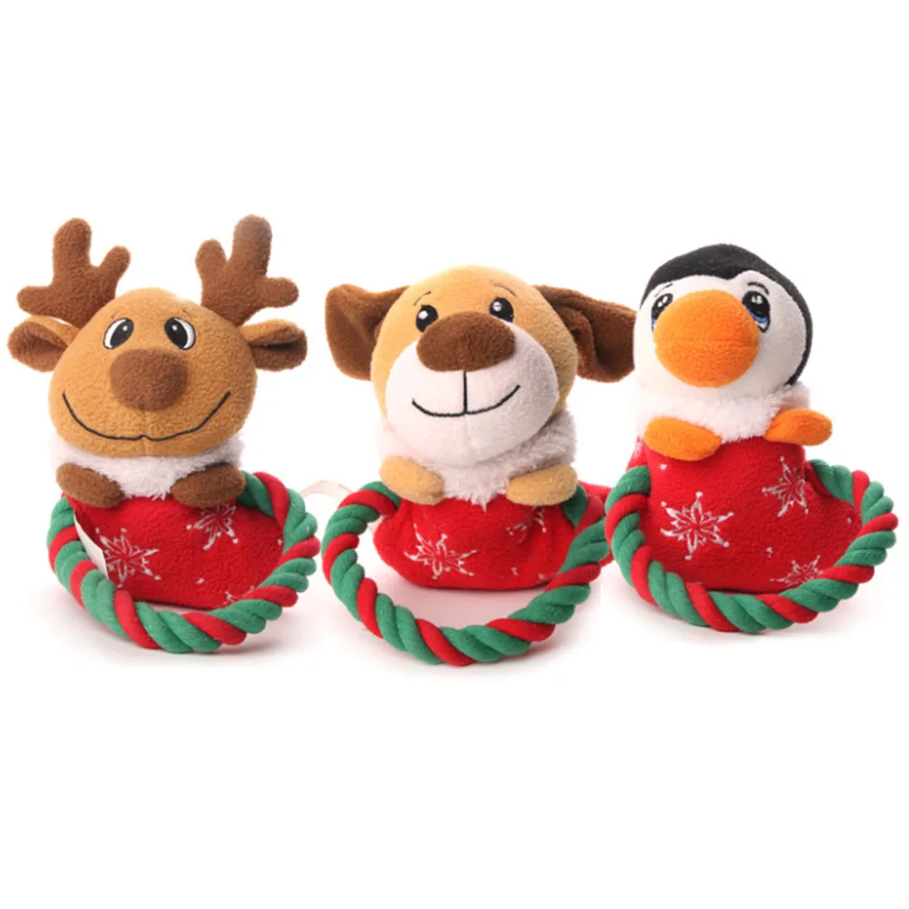 

Christmas Decor Pet Squeaky Toy Fabric Dog Toys Pet Puppy Cotton Rope Xmas Deer Dog Penguin Shape Plush Sound Play Dog Supplies