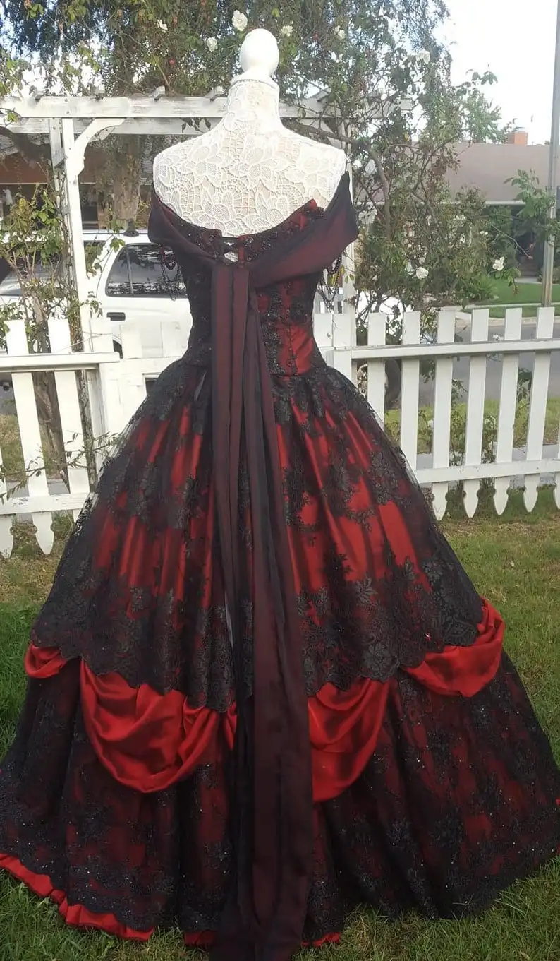 Red Black Lace Wedding Gown with Vintage Lace-up Corset and Off-Shoulder Sleeves - Gothic Belle, Steampunk Sleeping Beauty, Plus Size Bridal Gown image 6