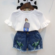 

2018 hot sales Summer Girls Clothing Sets Short Sleeve T-Shirt+Embroidery Denim Shorts 2Pcs Girls Clothing For Children Clothes