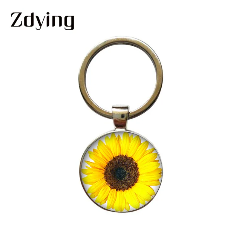 

ZDYING Fashion Sun flower Keychain Glass Cabochon Yellow Sunflowers Keyring Car Bag Key Ring For Best Friend Gift XR014