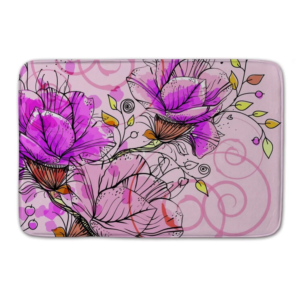Pink Flower Elegant Pattern Coral Fleece Door Mats Waterproof Anti Slip