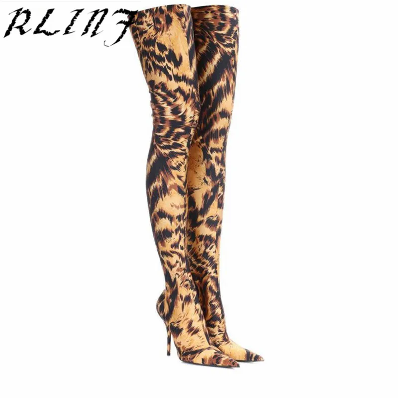 RLINF Thigh High Over The Knee Boots for Women Shoes Leopard Print Pointed Toe Super Thin High