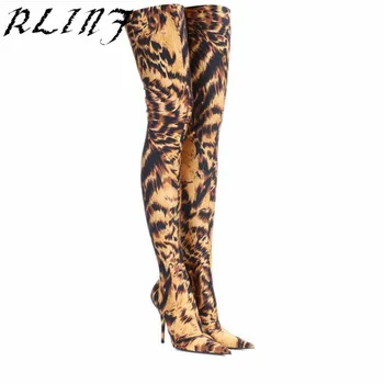 

RLINF Thigh High Over The Knee Boots for Women Shoes Leopard Print Pointed Toe Super Thin High Heels Long Boots SIZE 34-48