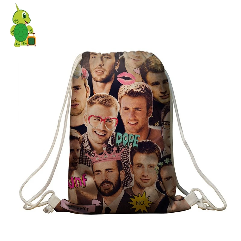 

Famous Star Chris Evans Overlay Backpack Avengers Captain America Drawstring Bag Women Men Daily Backpack Casual Travel Bags