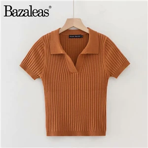 Bazaleas Fashion Women T-shirt Knitted Slim tshirt France V neck harajuku t shirt Casual Basic women Vintage tops drop shipping - Цвет: DS9 brown