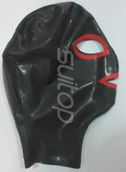 

Suitop black latex hood with red trim back zipper