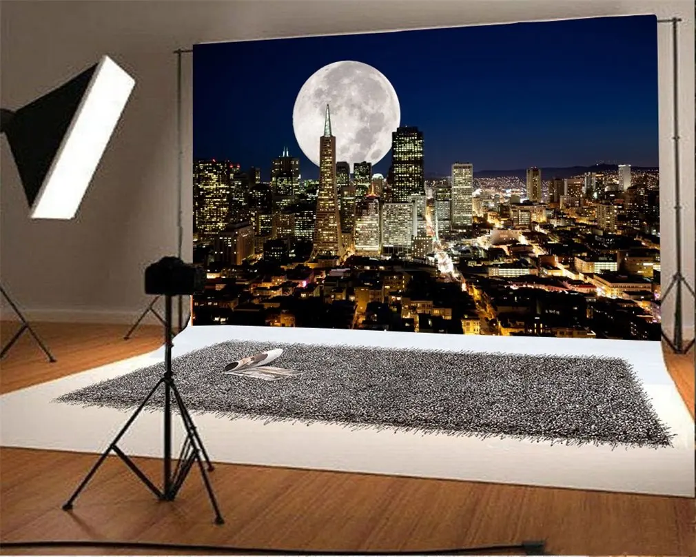 

Photography Backdrop Cityscape Lighthouse Shining Lights Elegant Building Moon Night View Romantic Photo Background