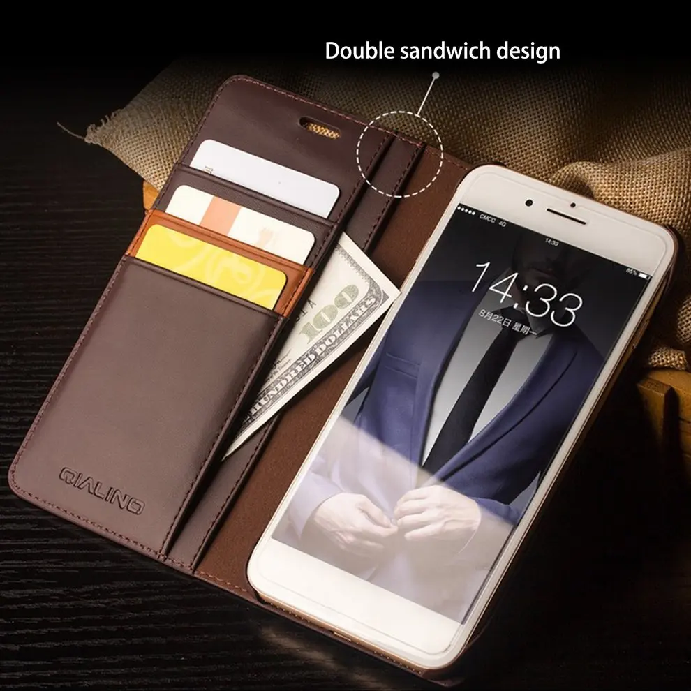 

10 Pcs Dark bronw Genuine Cow Leather Flip Type Phone Shockproof Case Protective Cover For iPhone 7/8 Plus With Card Slot