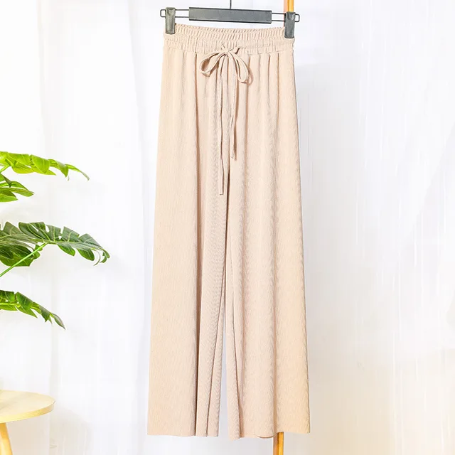 2019 Women Knitted Wide Leg Pants Spring Summer Casual Trousers Drawstring Elastic Waist Plus Size Streetwear Loose Pant Okd892