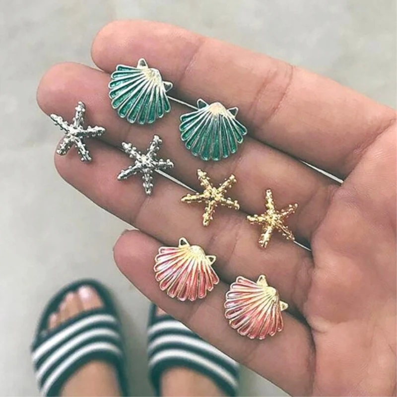 

4 Pairs/Pack Brincos Mixed Shell Starfish Bohemian Stud Earrings Set For Women Crystal Ear Studs Fashion Jewelry Earrings Gifts