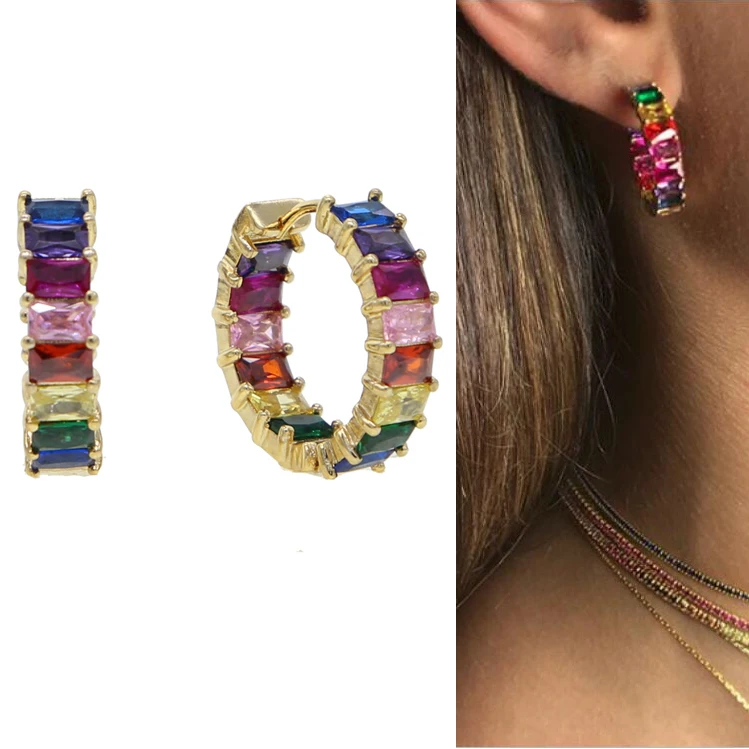 Серьги-кольца с кубическим цирконием, с золотым наполнением, Искрящиеся cz, хит, модные, нежные, радужные, цветные, европейские, женские, CZ кольца, ювелирные изделия