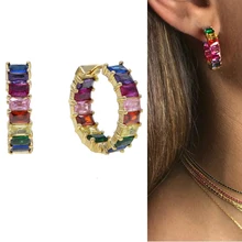 Серьги-кольца с кубическим цирконием, с золотым наполнением, Искрящиеся cz, хит, модные, нежные, радужные, цветные, европейские, женские, CZ кольца, ювелирные изделия