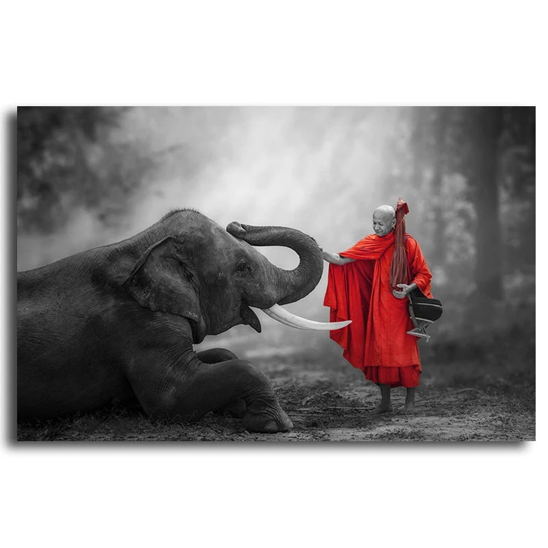 

Black and white zen Elephant and buddha art Oil Painting on Canvas red Art Modern Wall Picture for Living Room Decor Office