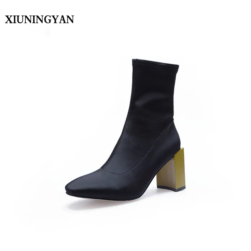 

XIUNINGYAN Shoes Woman Antnmn Boots Stretch Slim Mid Calf Boots Women Square Toe Strange Heels Black Women Thigh High Boots Shoe