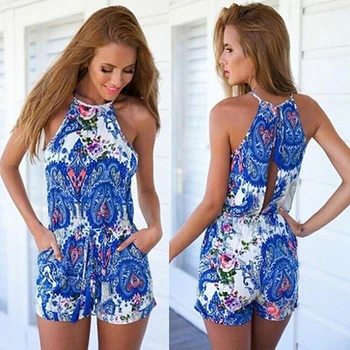 

Women Summer Sexy Halter Romper Slim Flower Print Sleeveless Backless Jumpsuit