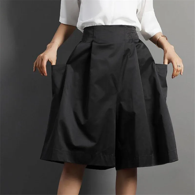 

Loose 2019 Summer New Casual Female Wide Leg Solid Color Knee-Length Elastic Waist Pockets Shorts For Women Ma489