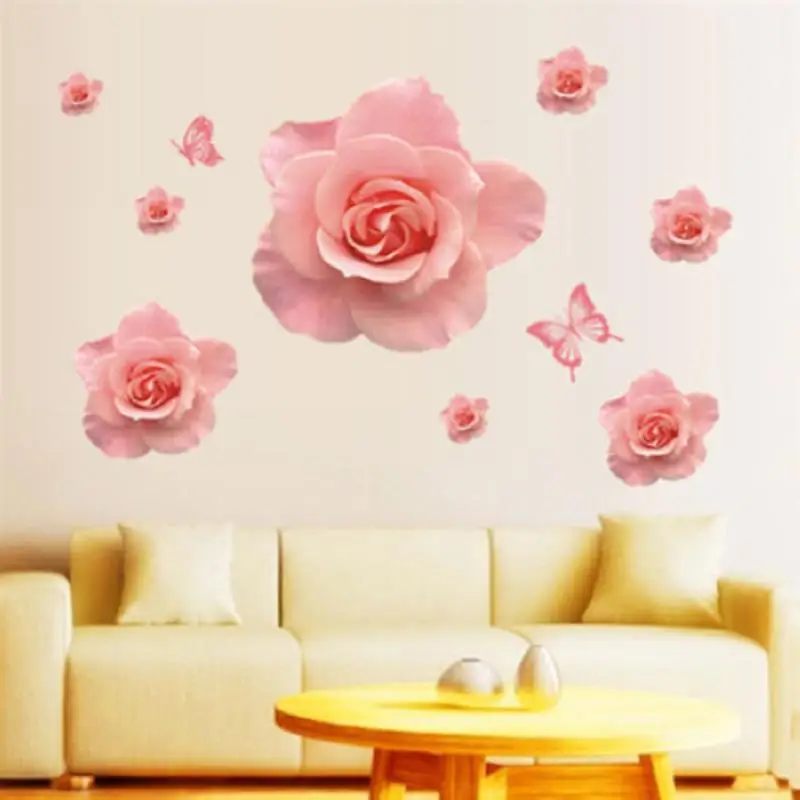 2018 Newest DIY Removable Vinyl 3D Pink Rose Butterfly Flower Wall Stickers Decal Art Home Decor