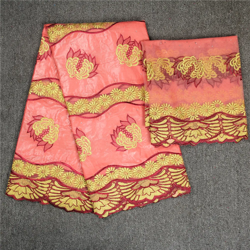 

HFX 2018 Latest pink African Lace Fabric Embroidered Bazin Riche Getzner For Women Clothes 5 Yards+2Yards Cotton Tulle GF250-1
