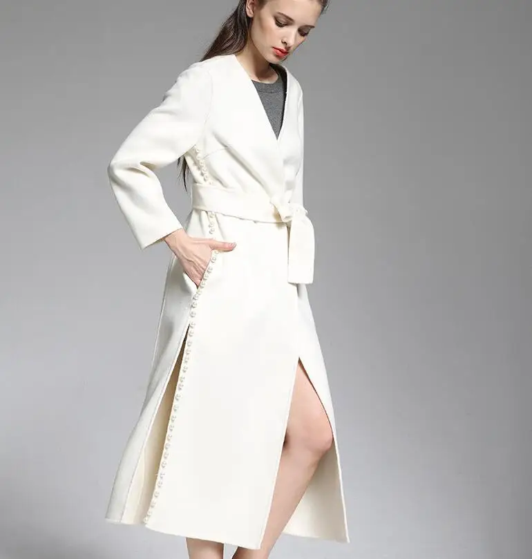 Зимнее модное женское длинное белое жемчужное теплое пальто, дамские двухсторонние шерстяные кашемировые кардиганы, пальто