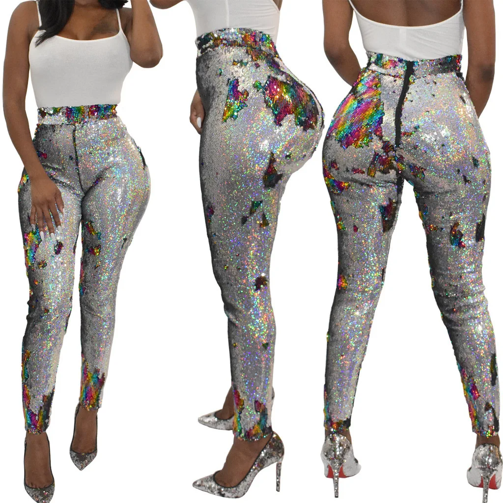 Metálico Alta Lápiz Pantalones Cintura azul Cremallera Lentejuelas Brillo Las silver Mujer Negro De Pitillo Mujeres qSRzzPtd