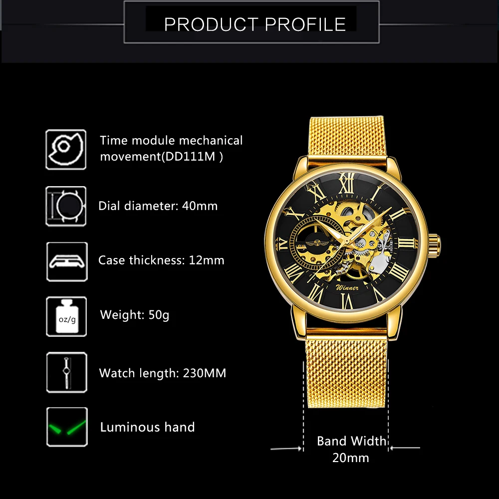 WINNER Official Golden Automatic Watch Men Steel Strap Skeleton Mechanical Skull Watches Top Brand Luxury Dropshipping Wholesale