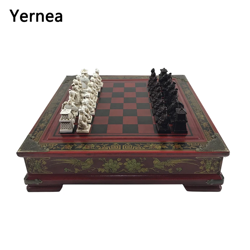 빈티지 컬렉션 체스 중국어 테라코타 전사 체스 나무 조각 수지 체스 판 크리스마스 생일 프리미엄 선물 Yernea
