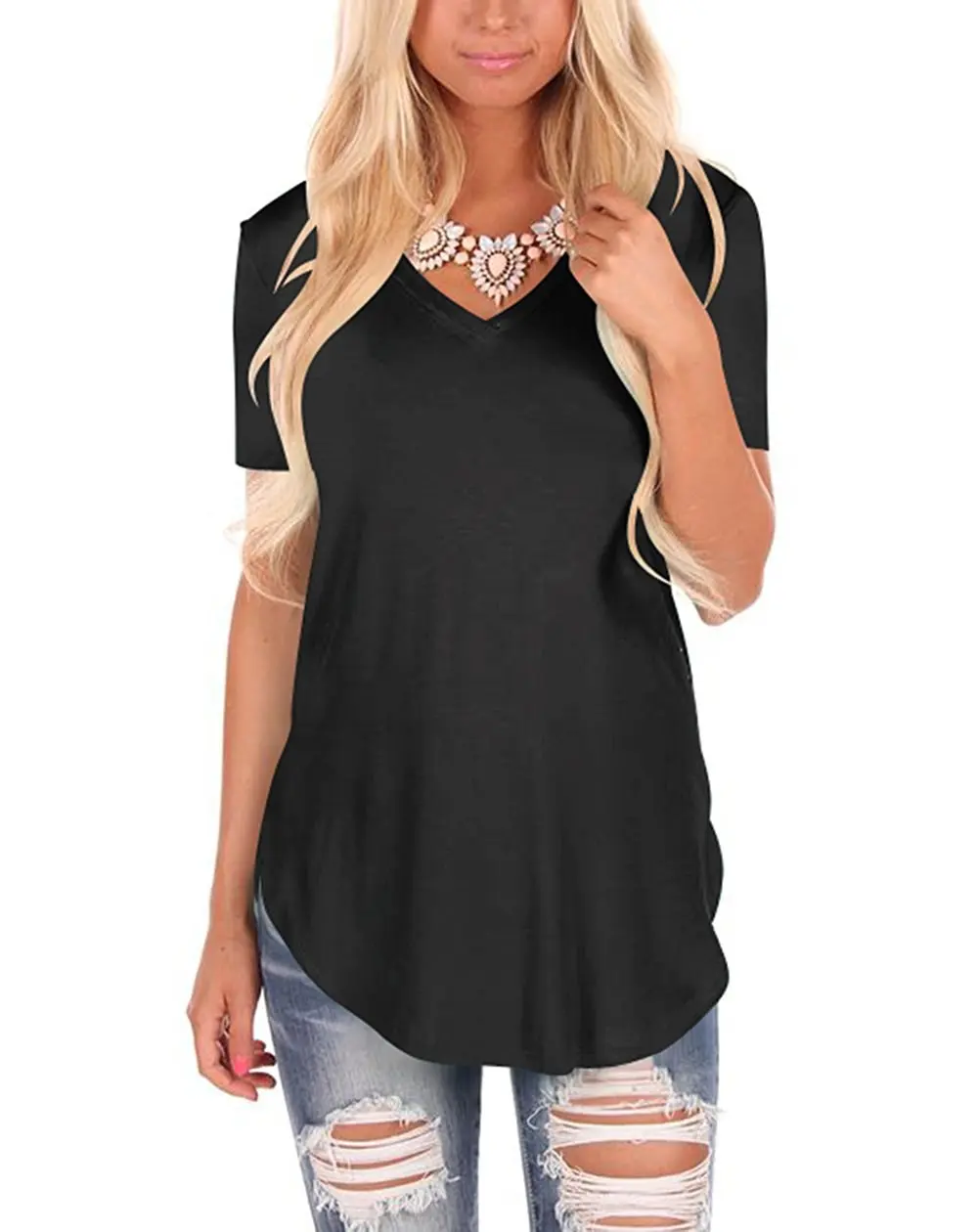 

women V neck solid color tops plus size loose short sleeve T-shirt Women's streetwear Casual tshirt new style