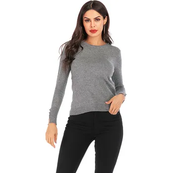 

Wixra Women Soft Basic Solid Sweaters O-Neck Button Long Sleeve Sweater Basic Pullovers Spring Autumn For Women
