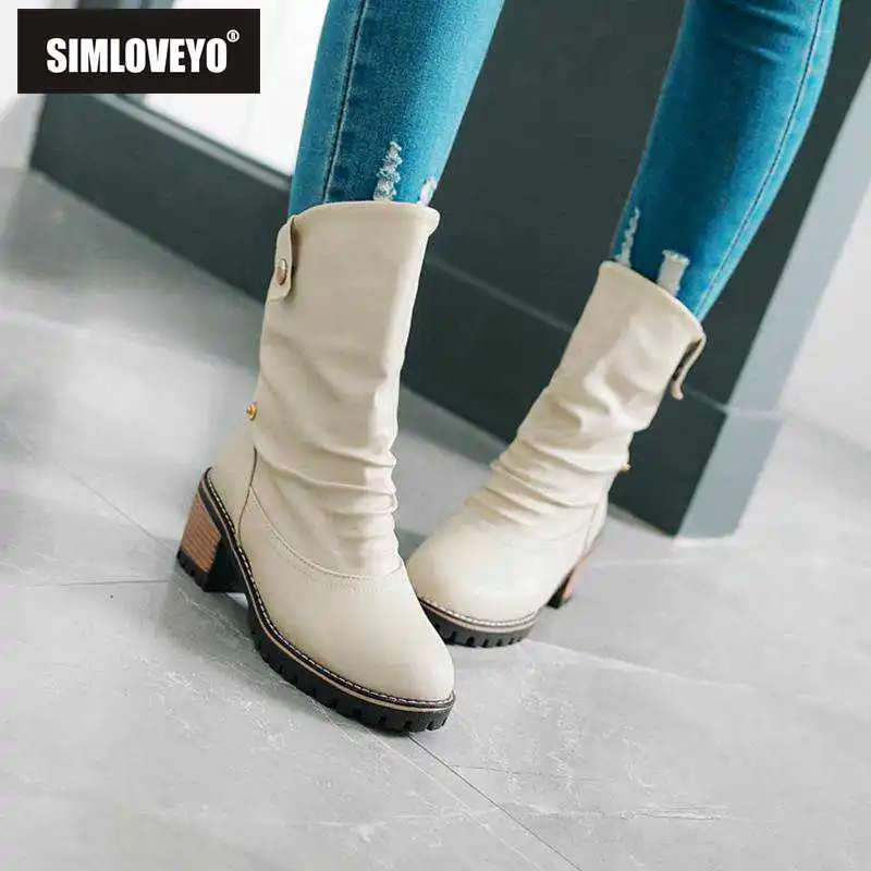 

SIMLOVEYO Winter Shoes women Ankle boots Slip on Pu leather Thick heel Round toe Botas feminino mujer Black Casual Boots A1108b