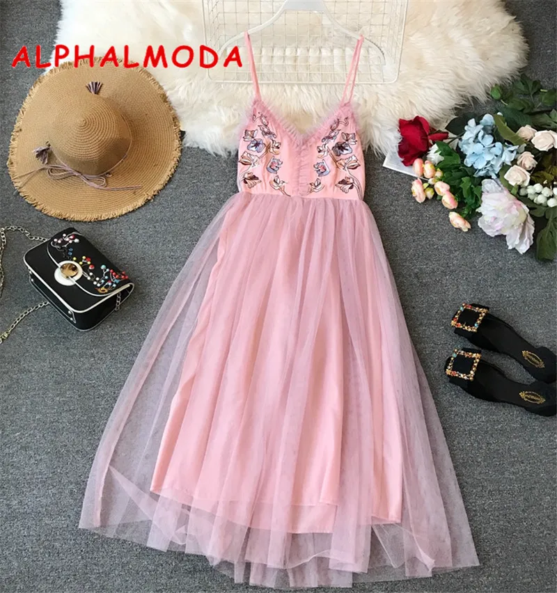 Женское газовое платье ALPHALMODA с вышивкой цветочные подтяжки V образным вырезом на
