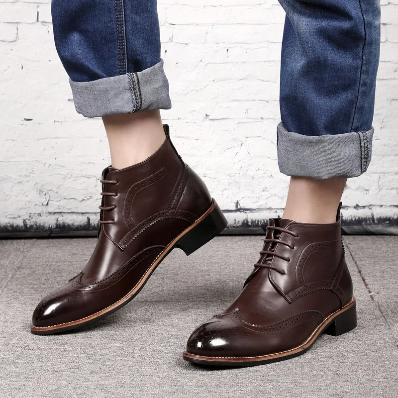 NPEZKGC Men Chelsea Boots Casual Leather Spring Autumn Bullock Ankle Boots Fashion Male Genuine Leather Men Shoes