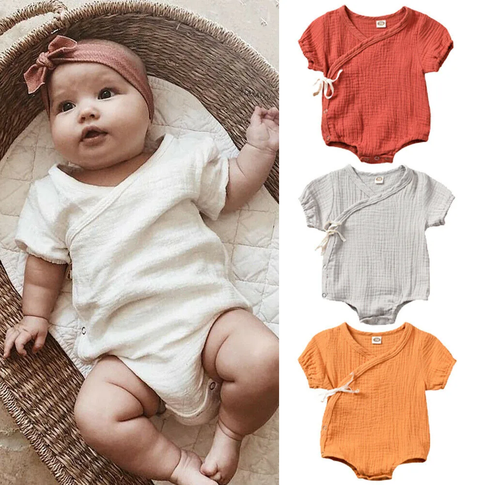 

Hot Sale Solid Short Sleeved Kimono Romper Body suit Clothes 3M-18M Age Newborn Infant Toddler Baby Girl Boy Jumpsuit Outfit