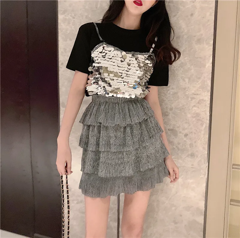 

Sexy Two Piece Skirt Set Club Outfits Black Patchwork Silver Sequined Top and Silver Multi-layered Tutu Short Skirt 2 Piece Set