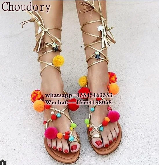 

Plus Size 35-41 Ethnic Bohemian Summer Woman Pompon Sandals Gladiator Roman Strappy Knee High Boots Embroidered Tassel Shoes