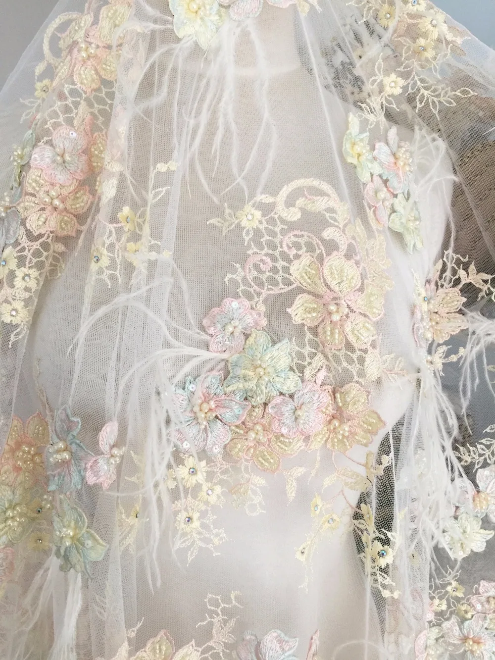 Роскошная кружевная ткань с объемным жемчугом и бисером с перьями и Пастельной вышивкой, изысканная высококачественная ткань для свадебного платья 130 см