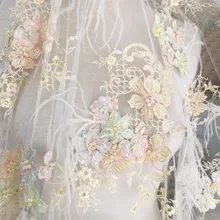 Роскошная кружевная ткань с объемным жемчугом и бисером с перьями и Пастельной вышивкой, изысканная высококачественная ткань для свадебного платья 130 см
