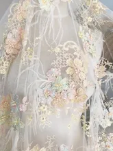 Luxury 3D Pearl Beaded Lace Fabric with Feather and Pastel Embrodiery ,Exquisite Haute Couture Wedding Gown Bridal Fabric 130cm