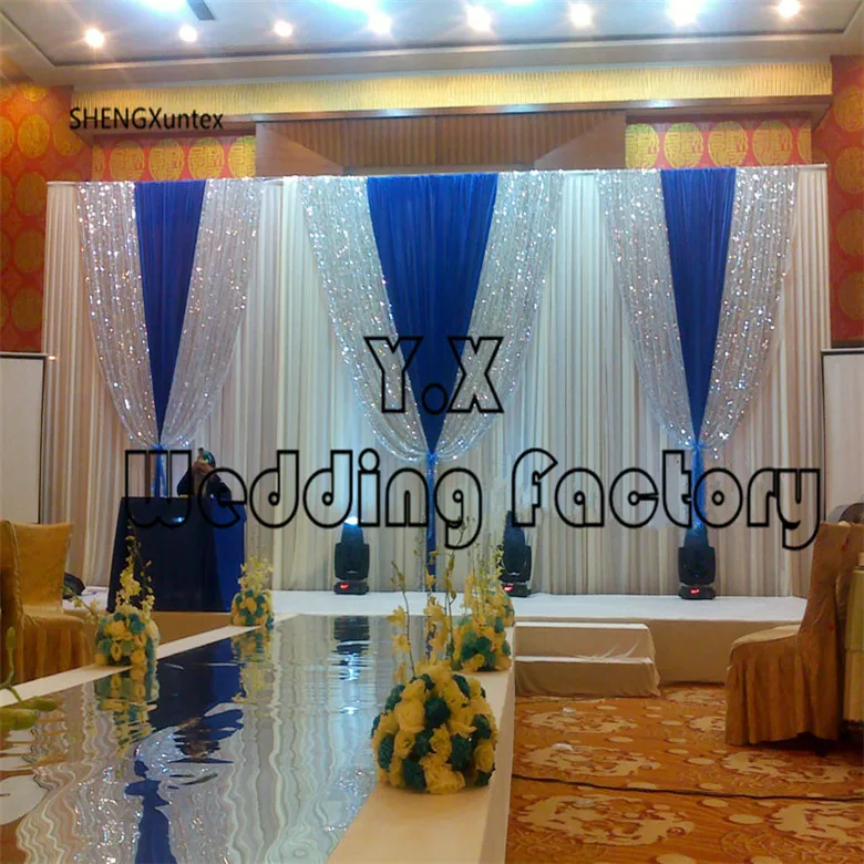 

3M*6M White And Royal Blue Stage Wedding Backdrop with silver sequin fabric free shipping
