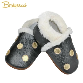 

Fashion Genuine Leather Baby Moccasins Dot Warm Winter Baby Shoes Boy Black Anti-Slip Toddler Shoes