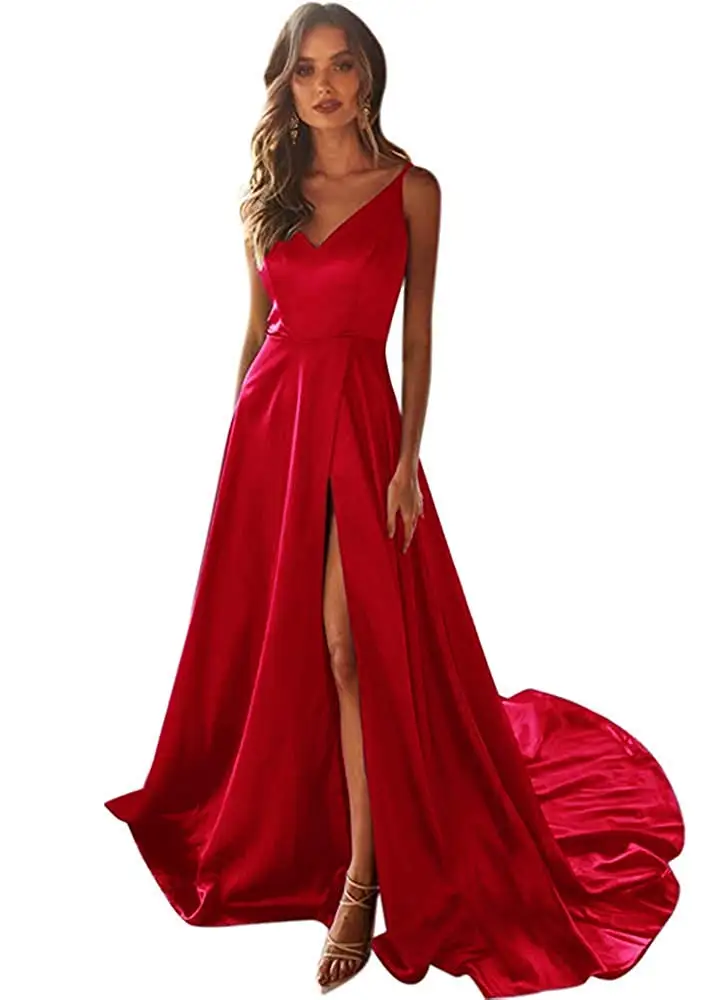 VKBIRDAL Для женщин v-образным вырезом с боковыми сексуальные платья невесты с карманами Спагетти атласная Длинные Abendkleid вечерние платья