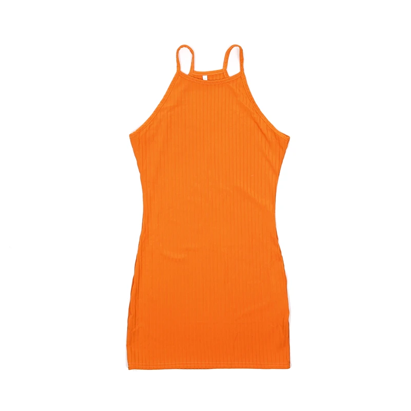 Новые модные женские платья с сексуальными бретельками, летние тонкие мини-платья без рукавов, трикотажное облегающее платье оранжевого и черного цвета