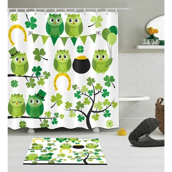 

Green Four-leaf Clover Birds Branch Shower Curtain Cartoon Owl Bathroom White Waterproof Polyester Fabric for Kids Bathtub Decor