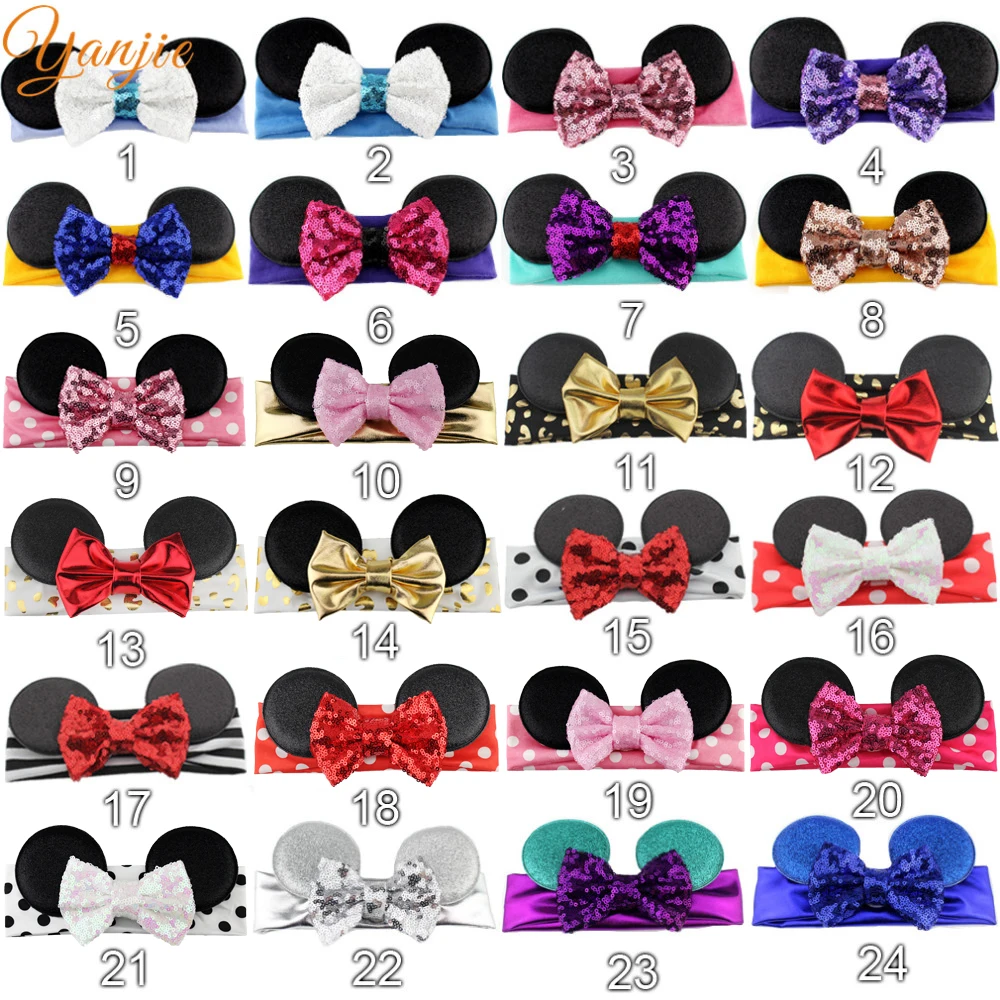 

120pcs/lot Minnie Ears Headband 4'' Glitter Sequin Metallic Bow Elastic Headband For Girls Headband Hair Accessories