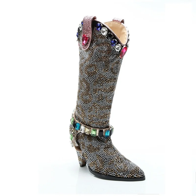 

JELLYFOND Gothic Boots for Women Bling Rhinestone Knee Boots Punk Cowgirl Boots Luxury Crystal Spike High Heel Dress Shoes Woman