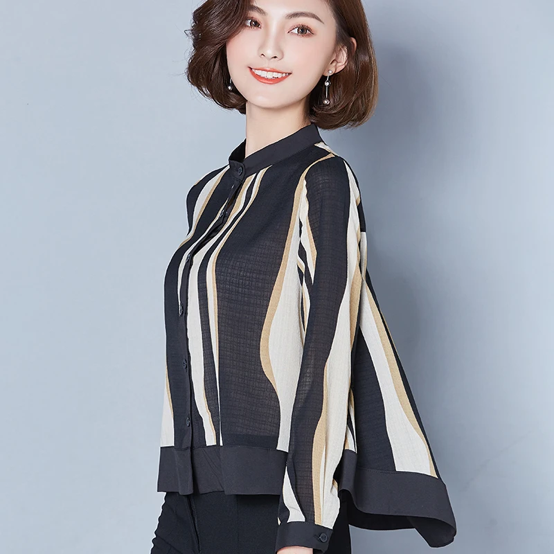 

2019 Vintage Korean Women Blouses Stand Collar Striped Print Chiffon Shirt Blouses Work Office Plus Size Women Clothing Tops