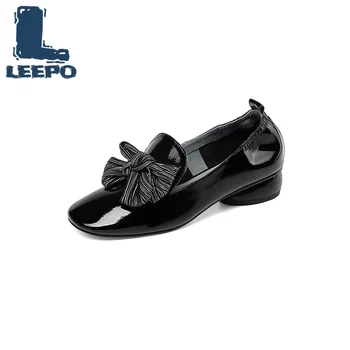 

Women's Shoes with Low Heels Genuine Leather Shoes Woman Thick Heels Ladies Butterfly-knot Shoes Black Office Shoes Women