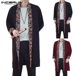 INCERUN для мужчин пальто кардиган куртки для хип-хопа с длинным рукавом Цветочные Свободные лоскутное Hombre осень мода открыть стежка сплошной