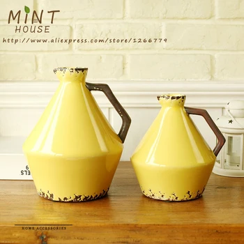 

NEW European Pastoral style yellow ceramic art tabletop vase,Ceramic boutique vase ornaments,retro do old living room decoration