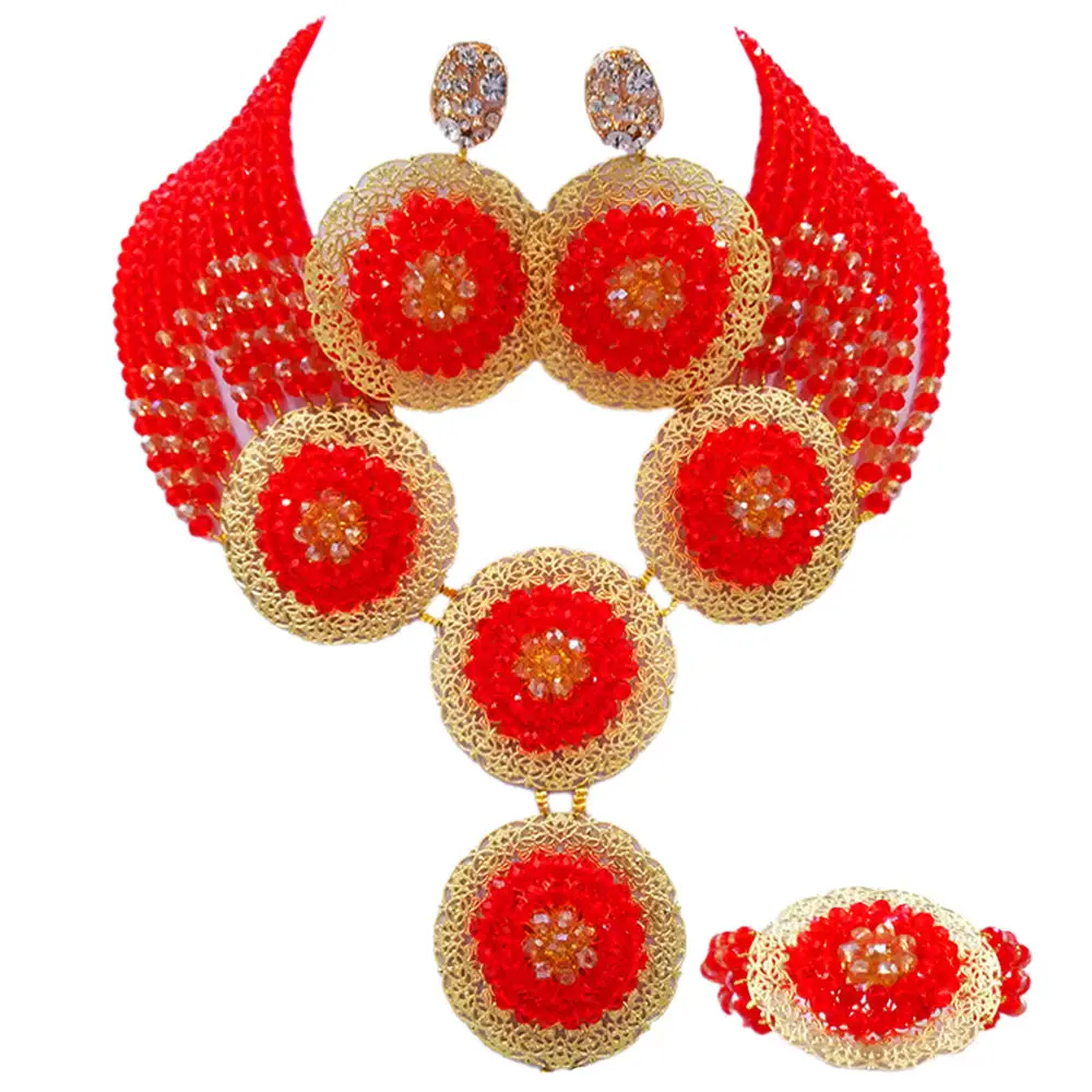 

Red and Champagne Gold AB African Wedding Beads Crystal Nigerian Jewelry Set Necklace Bracelet Earrings 10PH10
